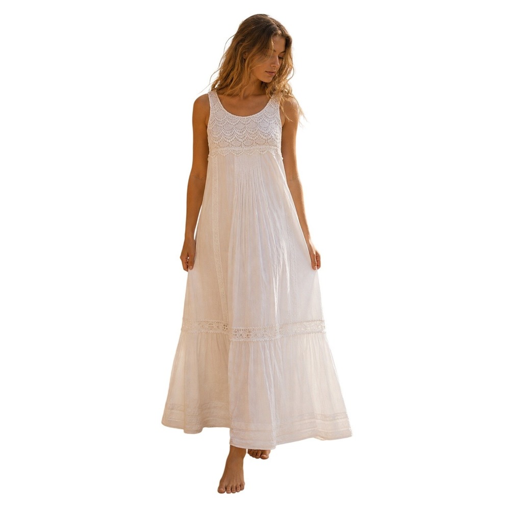Alberta Ferretti White Lace Maxi Dress Cotton Cottagecore Sleeveless Tiered Sz 2